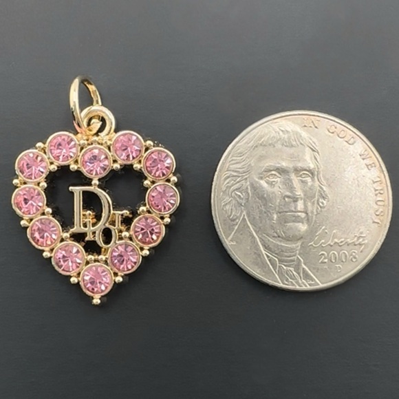 DIOR AUTHENTIC PINK RHINESTONE GOLD TONE HEART ZIPPER PULL PENDANT - Picture 1 of 7